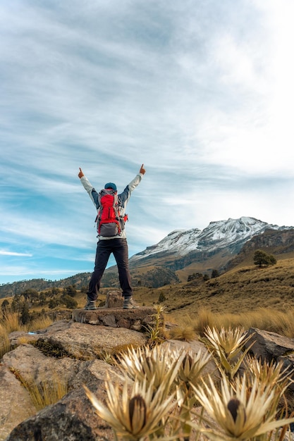 Happy climber in volcano iztaccihuatl