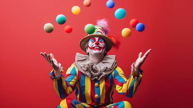 A happy clown in colorful costume is juggling a variety of balls against a red background