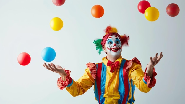 A happy clown juggles colorful balls against a white background