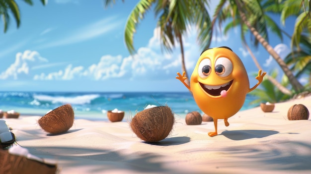 Photo happy coconut character on tropical beach