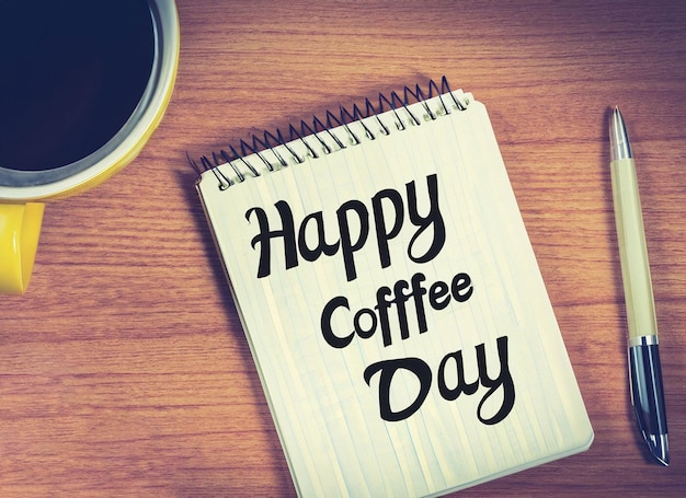 Happy coffee day on notepad with coffee and pen retro style