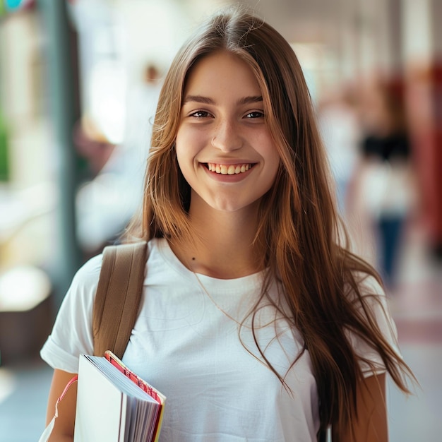 Photo happy college girl holding books