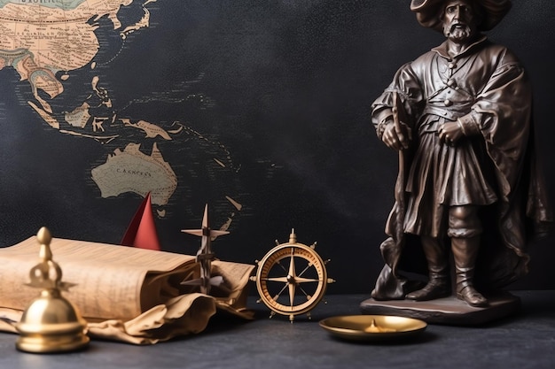 Happy columbus day celebration concept with copy space Vintage discovery equipment