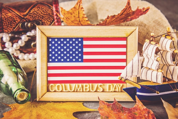 Happy Columbus Day text Concept of the US holiday The discoverer of America Holiday States