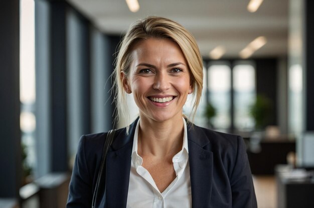 Happy and confident businesswoman at work