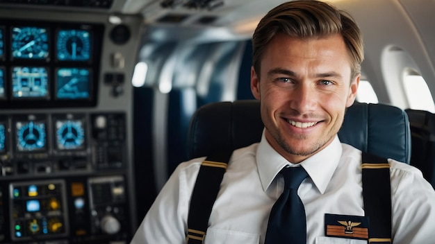 Photo happy confident caucasian pilot in airplane cabin