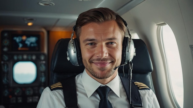 Happy Confident Caucasian Pilot in Airplane Cabin