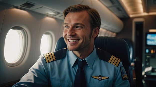 Happy Confident Caucasian Pilot in Airplane Cabin