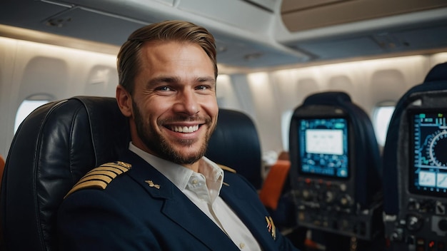 Happy Confident Caucasian Pilot in Airplane Cabin