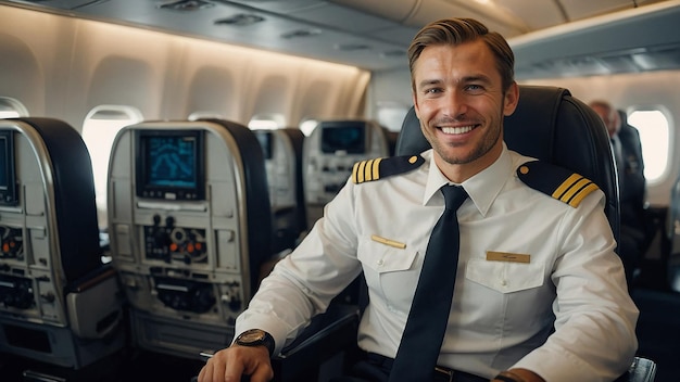 Happy Confident Caucasian Pilot in Airplane Cabin