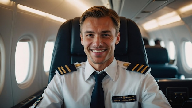 Happy Confident Caucasian Pilot in Airplane Cabin