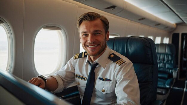 Photo happy confident caucasian pilot in airplane cabin