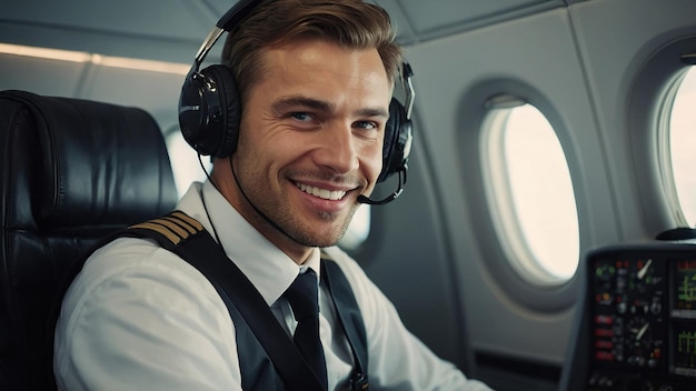 Photo happy confident caucasian pilot in airplane cabin