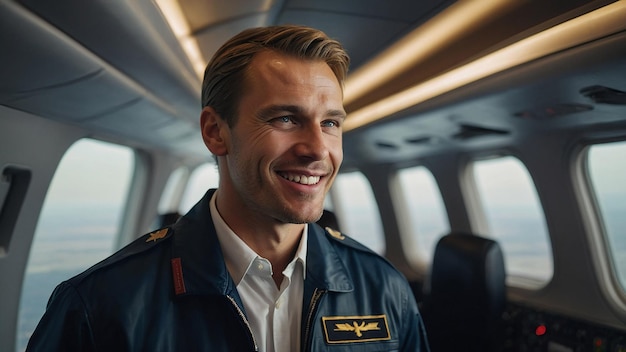 Happy Confident Caucasian Pilot in Airplane Cabin