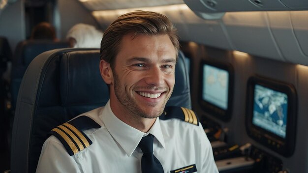 Photo happy confident caucasian pilot in airplane cabin