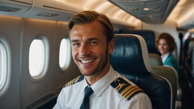 Happy Confident Caucasian Pilot in Airplane Cabin