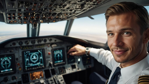 Photo happy confident caucasian pilot in airplane cabin