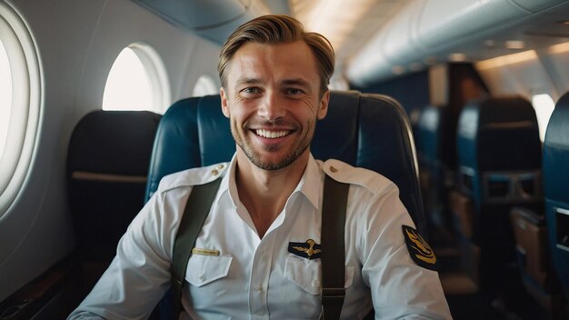 Photo happy confident caucasian pilot in airplane cabin