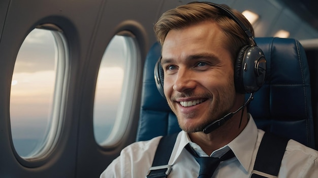 Photo happy confident caucasian pilot in airplane cabin