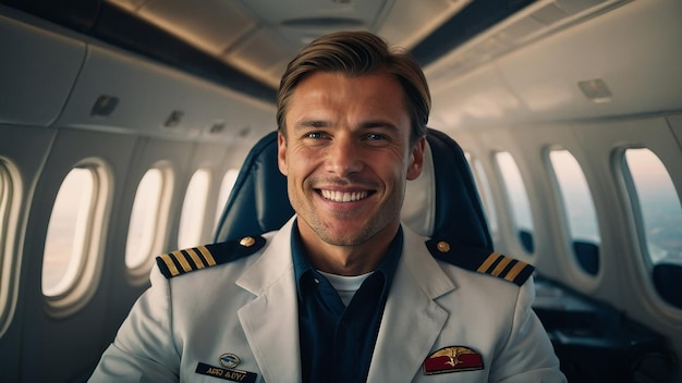 Photo happy confident caucasian pilot in airplane cabin