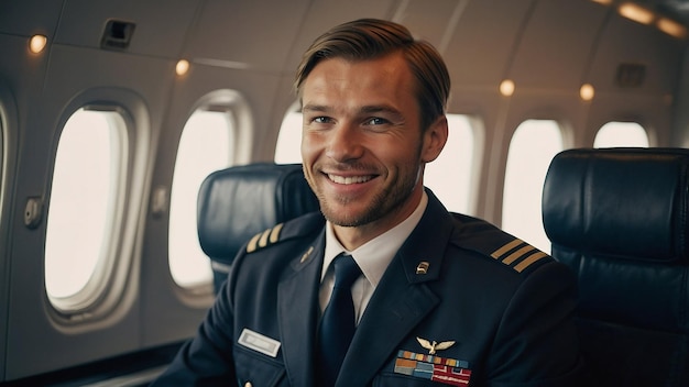 Photo happy confident caucasian pilot in airplane cabin