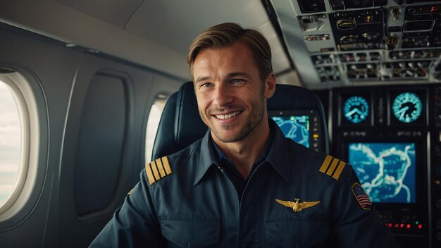 Photo happy confident caucasian pilot in airplane cabin