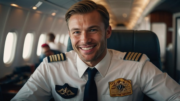 Photo happy confident caucasian pilot in airplane cabin