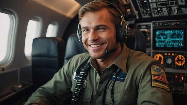 Photo happy confident caucasian pilot in airplane cabin