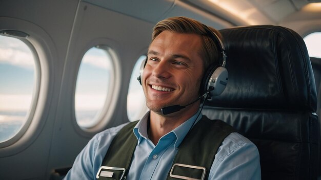 Photo happy confident caucasian pilot in airplane cabin