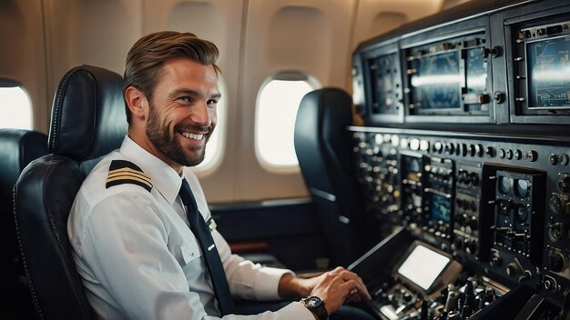 Photo happy confident caucasian pilot in airplane cabin