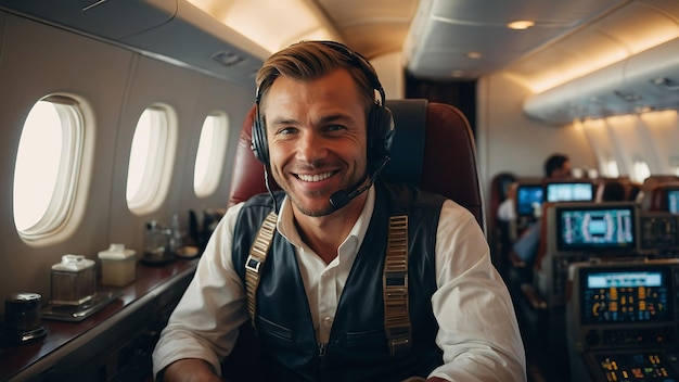 Photo happy confident caucasian pilot in airplane cabin