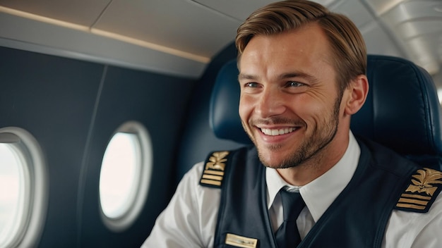 Photo happy confident caucasian pilot in airplane cabin