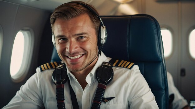 Photo happy confident caucasian pilot in airplane cabin