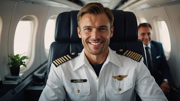 Photo happy confident caucasian pilot in airplane cabin