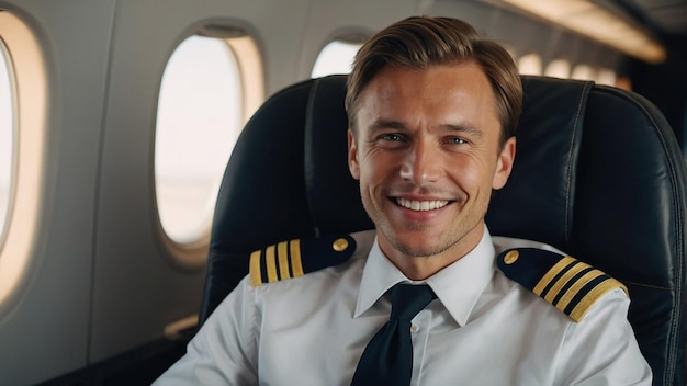 Photo happy confident caucasian pilot in airplane cabin