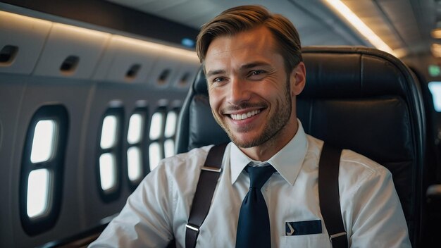 Photo happy confident caucasian pilot in airplane cabin