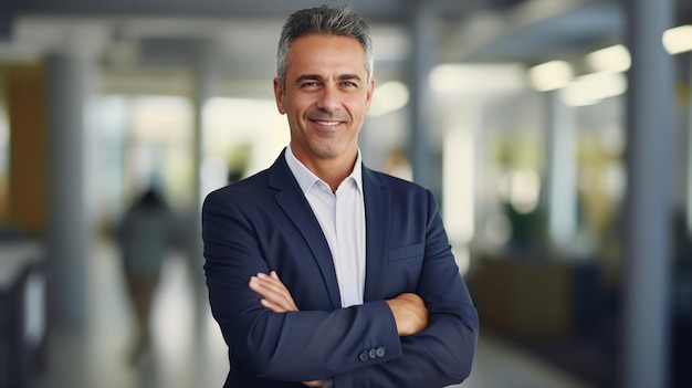 Happy confident mature latin business man standing in office hall portrait