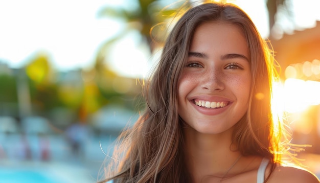 Happy Confident Woman Smiling in the Sunlight Relaxed Pose Bright Expression Sunny Day Joyful