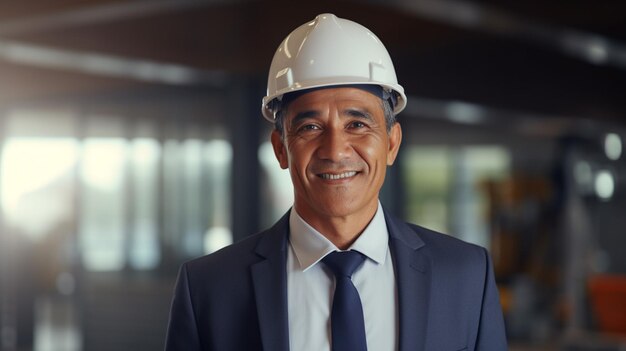 Happy confident young attractive Arabic engineer in hard hat and protective clothing in office