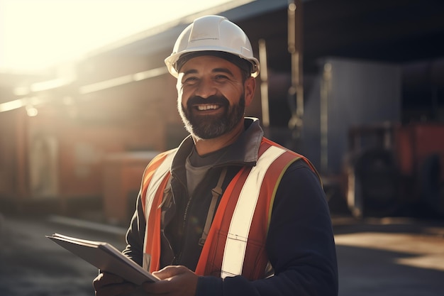 A happy construction site worker holding a folder Construction site background