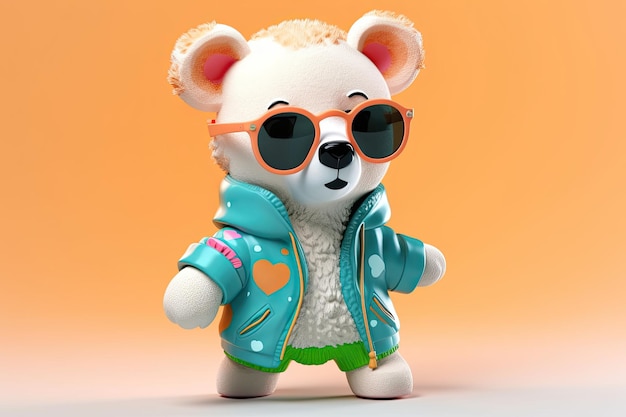 A happy and cool 3D character of a bear with full body wearing clothes and sunglasses on a background Generative AI