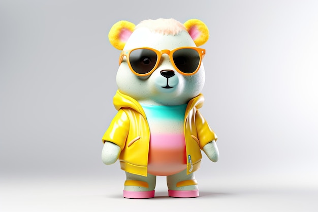 A happy and cool 3D character of a bear with full body wearing clothes and sunglasses on a background Generative AI