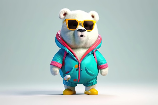 A happy and cool 3D character of a bear with full body wearing clothes and sunglasses on a background Generative AI