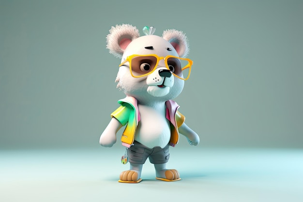 A happy and cool 3D character of a bear with full body wearing clothes and sunglasses on a background Generative AI