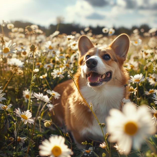 A Happy Corgi Dog Surrounded by Daisies in a Field