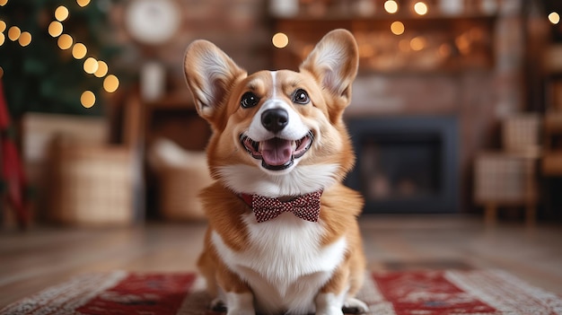 Photo a happy corgi dog wearing a bow tie sitting in front of a fireplace and christmas tree