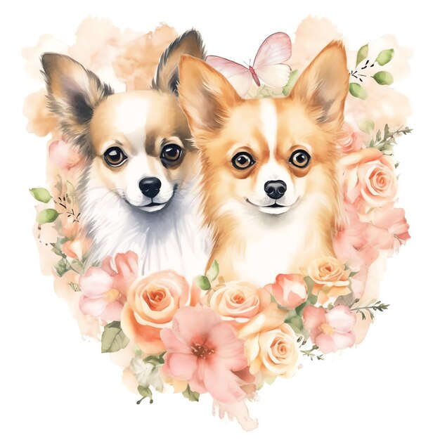 Happy corgi dogs surrounded by flowers watercolor art Lovely Couples dog