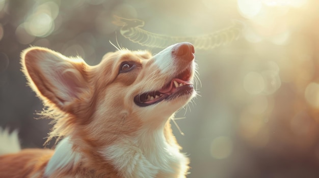 Photo happy corgi enjoying a sunny morning in a forest with soft golden light