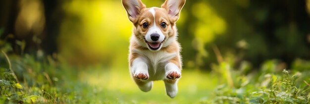 Photo happy corgi puppy running in nature stock photo a cheerful corgi puppy joyfully leaps throu