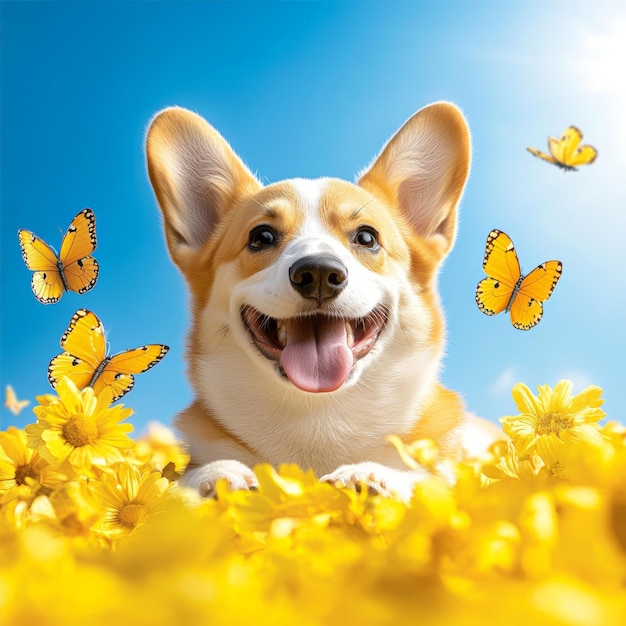 Happy Corgi Surrounded by Butterflies and Flowers